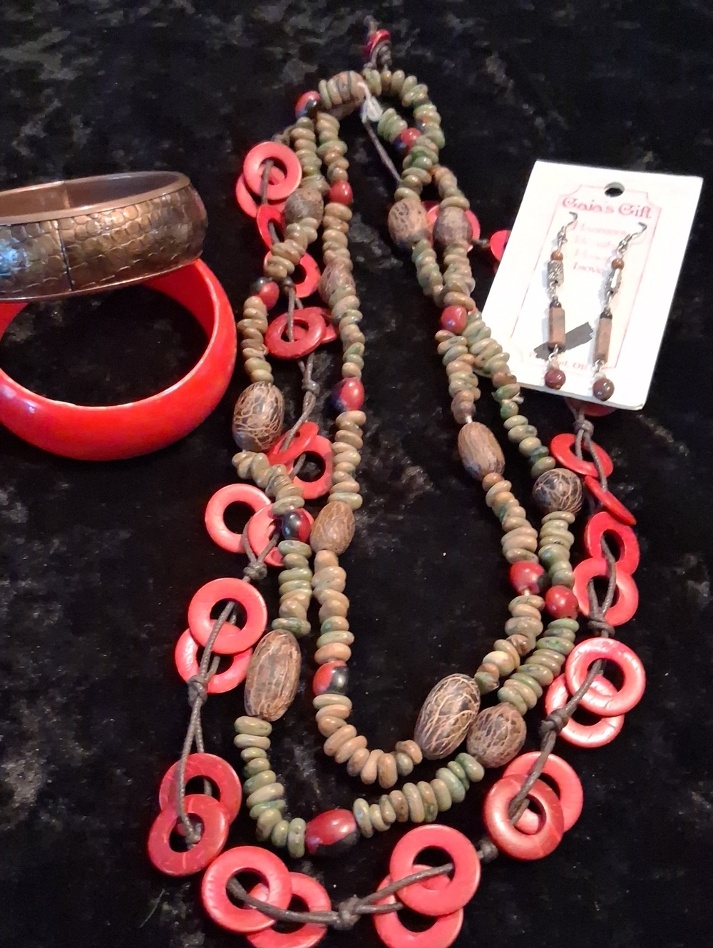 Vintage Red and Earth-Tone Layered Beaded Boho Necklace
